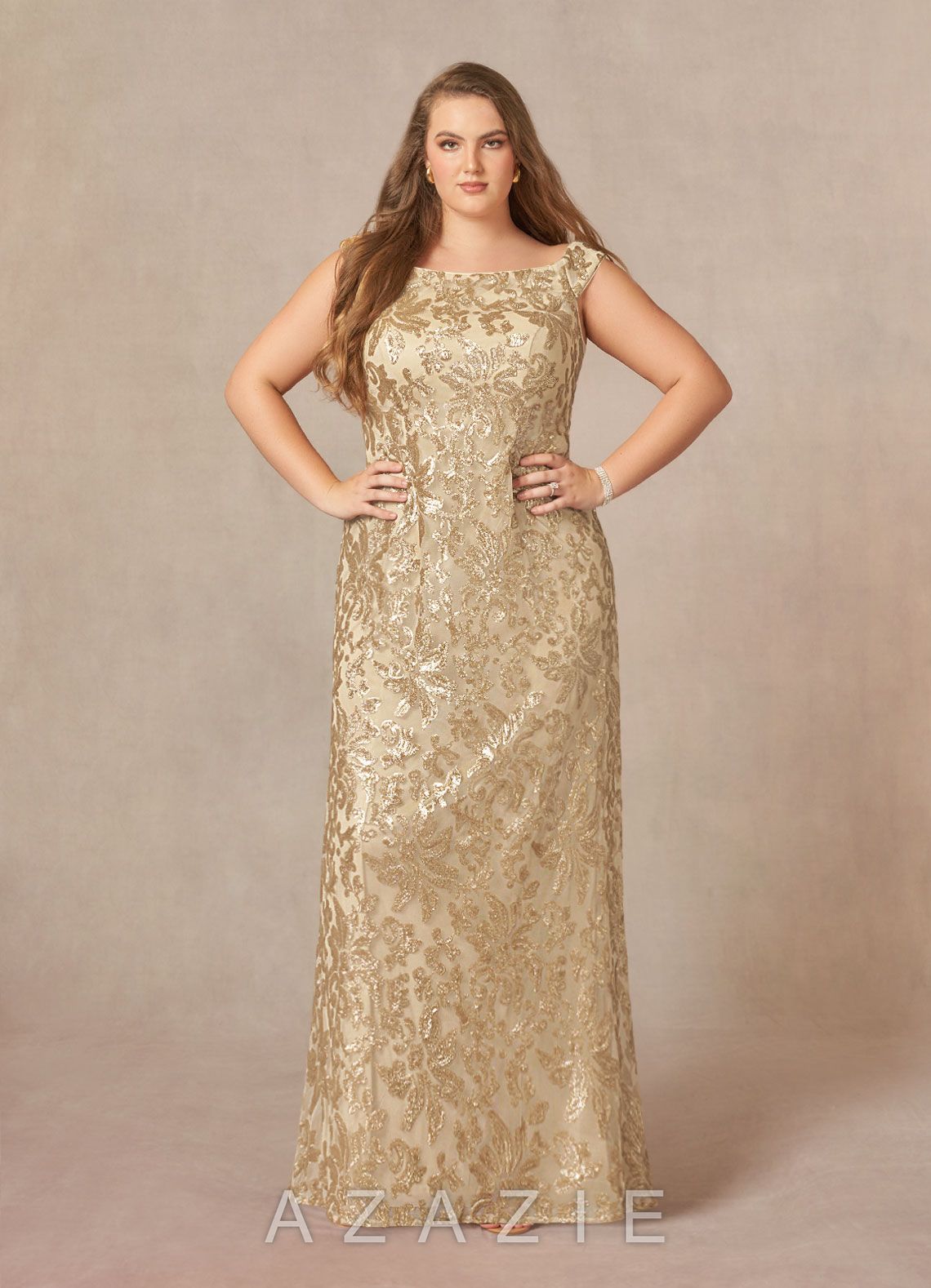 Azazie Porcelain Champagne A-Line Off the Shoulder Lace Dress champagne