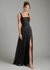 Azazie Cheyenne Black A-Line Pleated Floral Jacquard Burnout Dress black