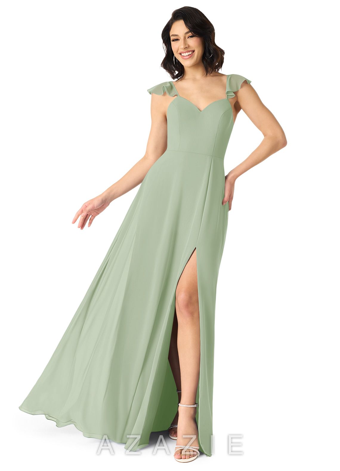 Azazie Everett Dusty Sage A-Line V-neck Ruched Chiffon Dress