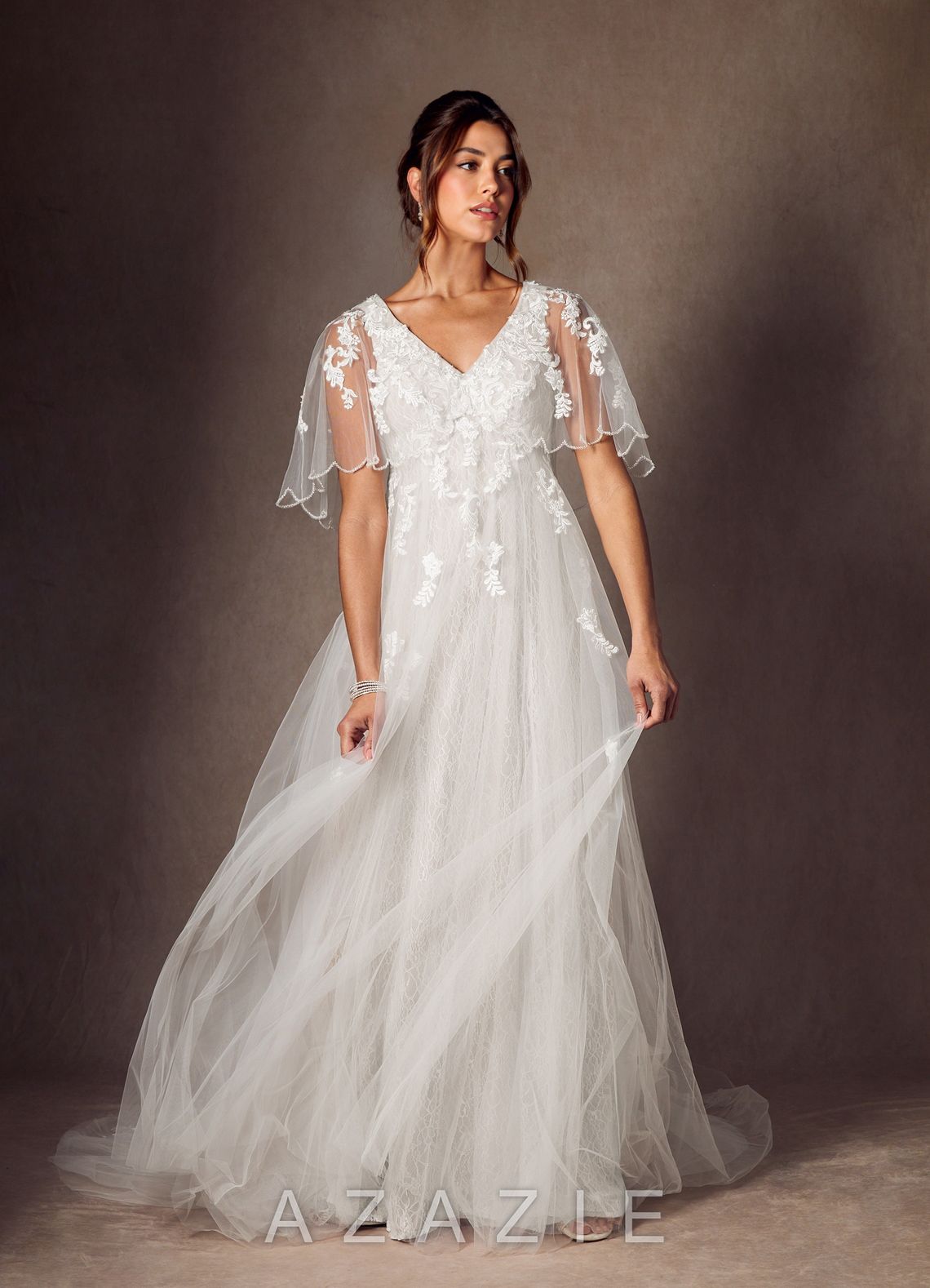 Azazie Renesmee Wedding Dress Diamond White A-Line Sequins Tulle Dress diamond_white