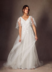 Azazie Renesmee Wedding Dress Diamond White A-Line Sequins Tulle Dress diamond_white