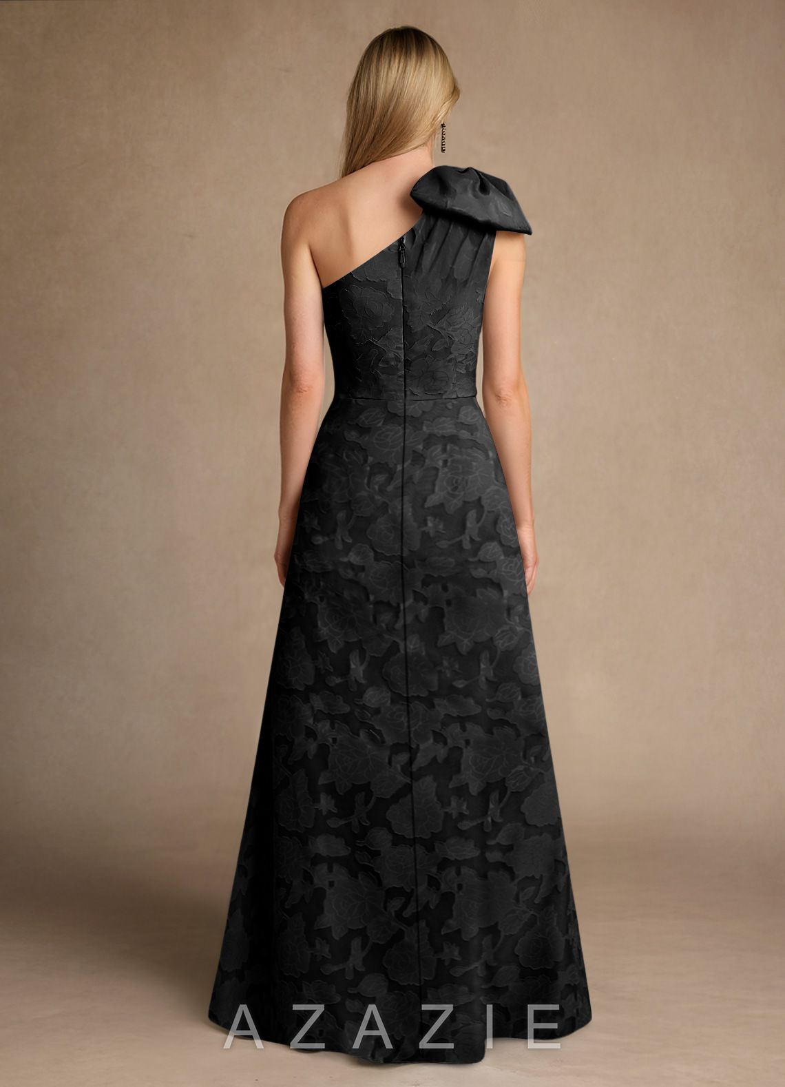 Azazie Easton Black Ball-Gown One Shoulder Floral Burnout Dress black