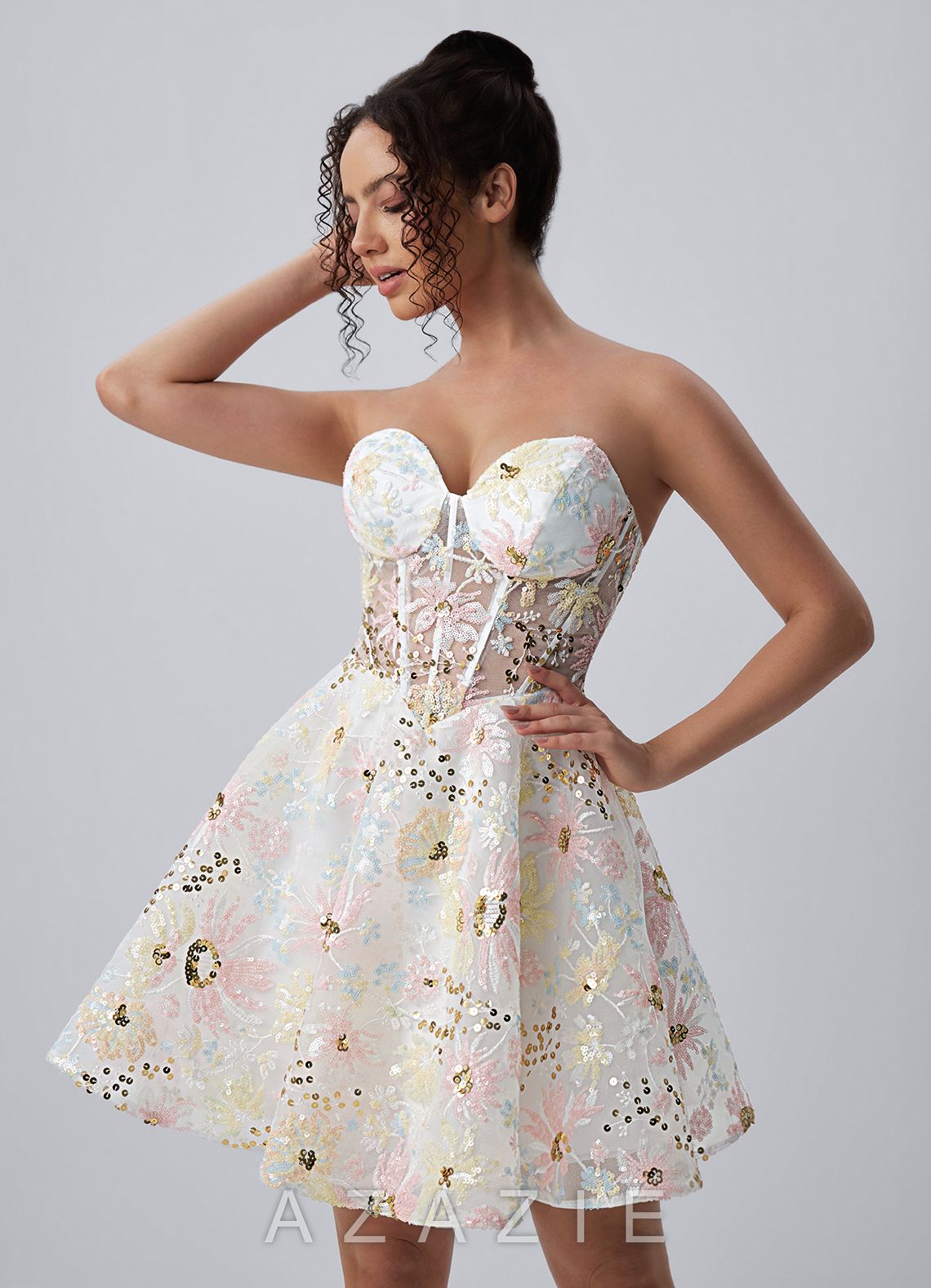 Julienne Ivory Strapless Floral Sequin Corset Skater Mini Dress