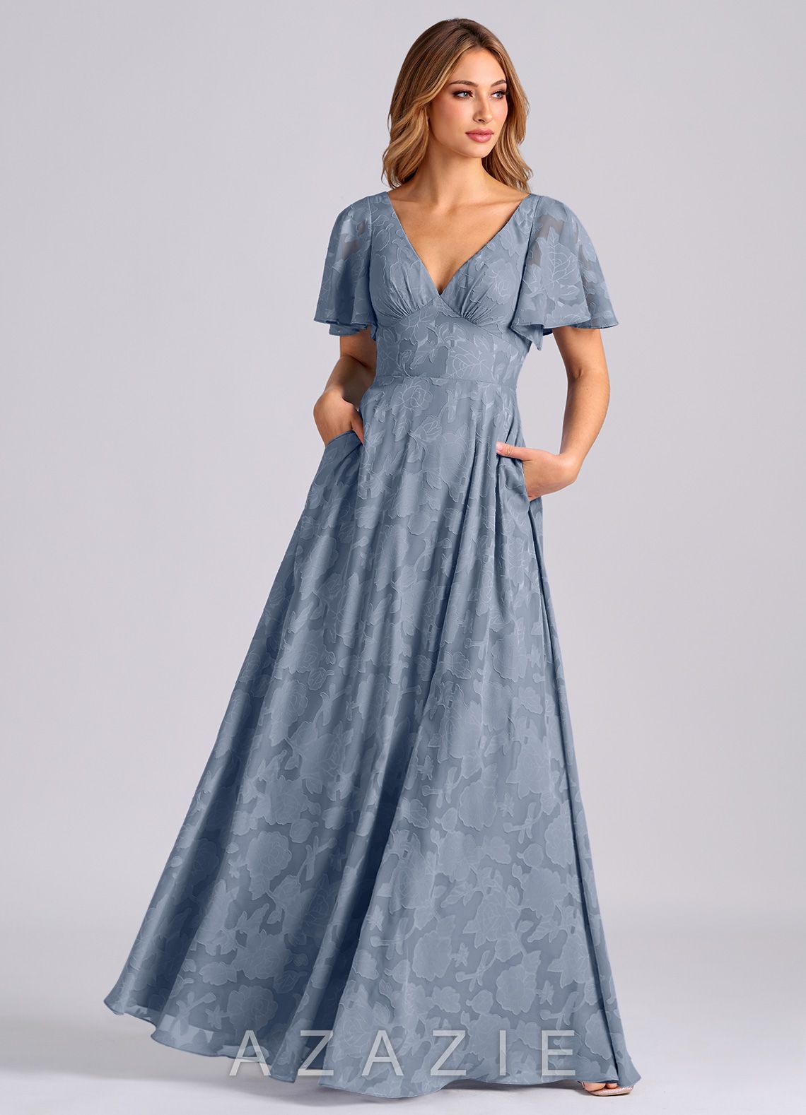 Azazie Kimber Dusty Blue A-Line with Pockets Floral Burnout Dress dusty_blue