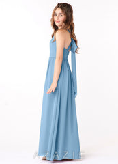 Azazie Jaylah Junior Steel Blue A-Line Ruched Chiffon Dress steel_blue