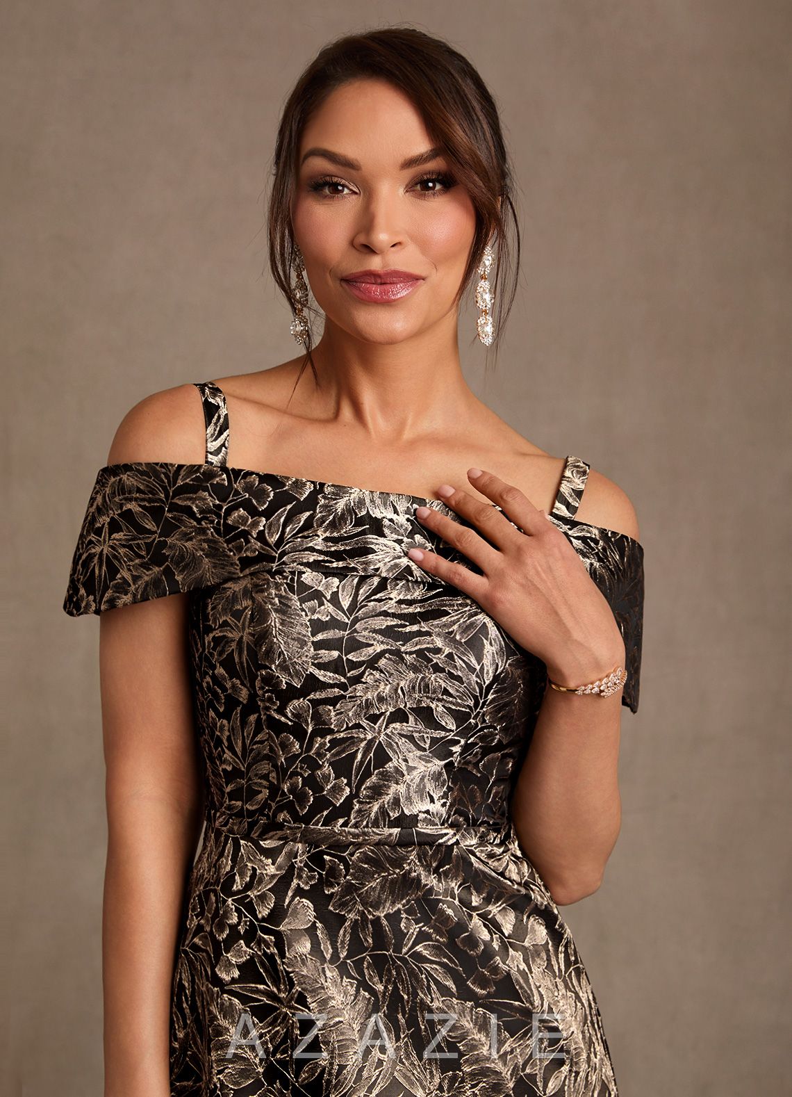 Azazie Jossie Ebony Gold Jacquard A-Line Off the Shoulder Jacquard Dress ebony_gold_jacquard
