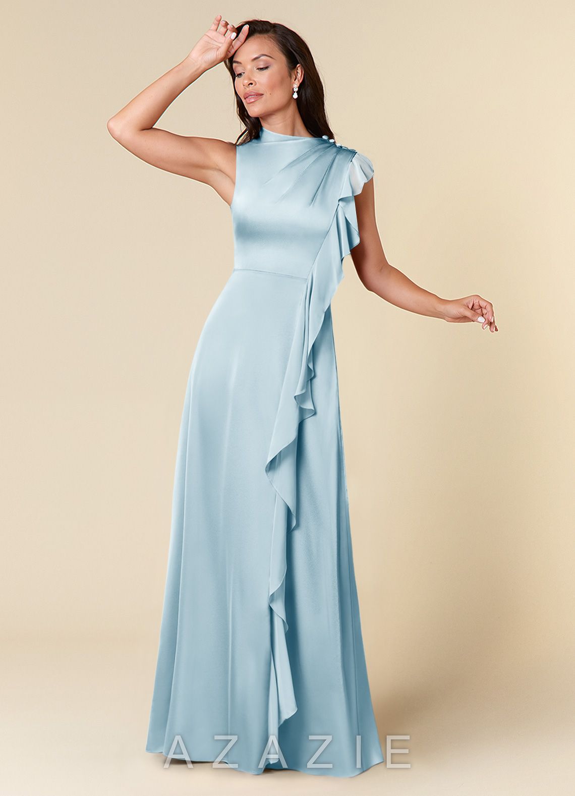 Azazie Narine Sky Blue A-Line High Neckline Pleated Stretch Satin Dress