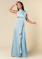 Azazie Narine Sky Blue A-Line High Neckline Pleated Stretch Satin Dress