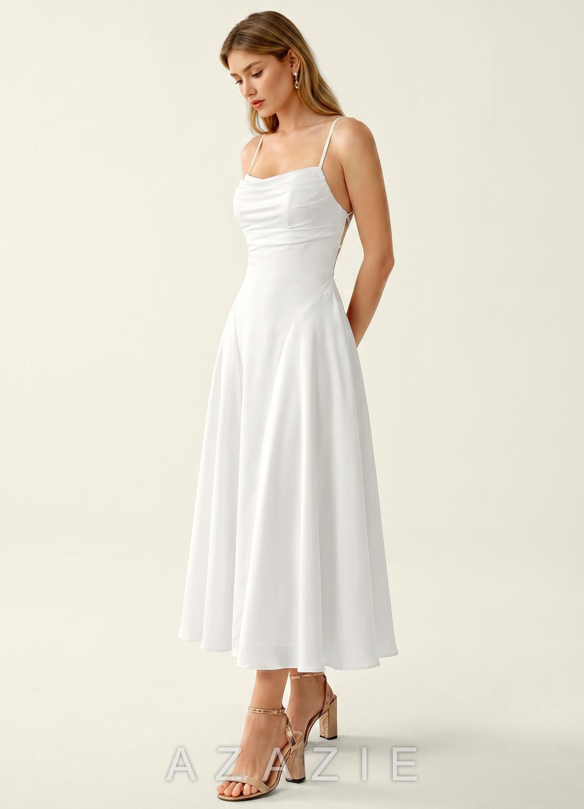 Madeleine White Satin Lace Up Back Midi A-line Graduation Dress