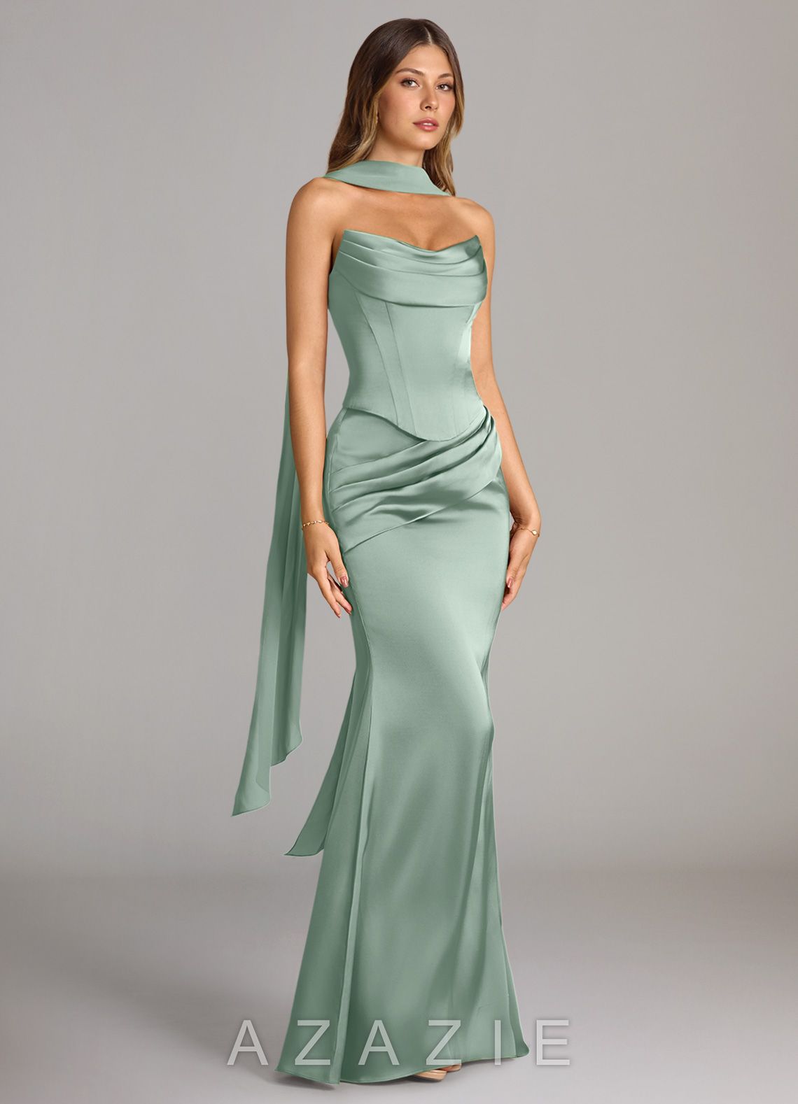 Azazie Sorrel Agave Mermaid Strapless Stretch Satin Convertible Dress agave
