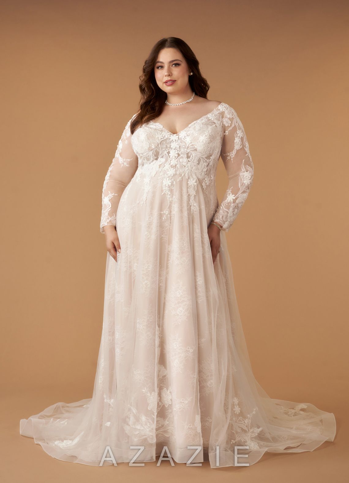 Azazie Leila Wedding Dress Diamond White Nude A-Line V-Neck Sequins Tulle Dress diamond_white/nude