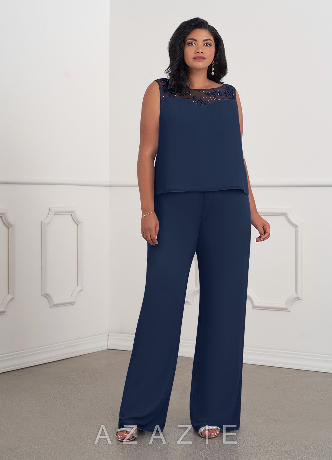 Azazie Maura Jumpsuit Dark Navy Jumpsuit/Pantsuit Sequins Chiffon Dress dark_navy