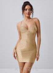 Saliris Champagne Rhinestone Stretch Satin Open Back Lace-Up Mini Dress