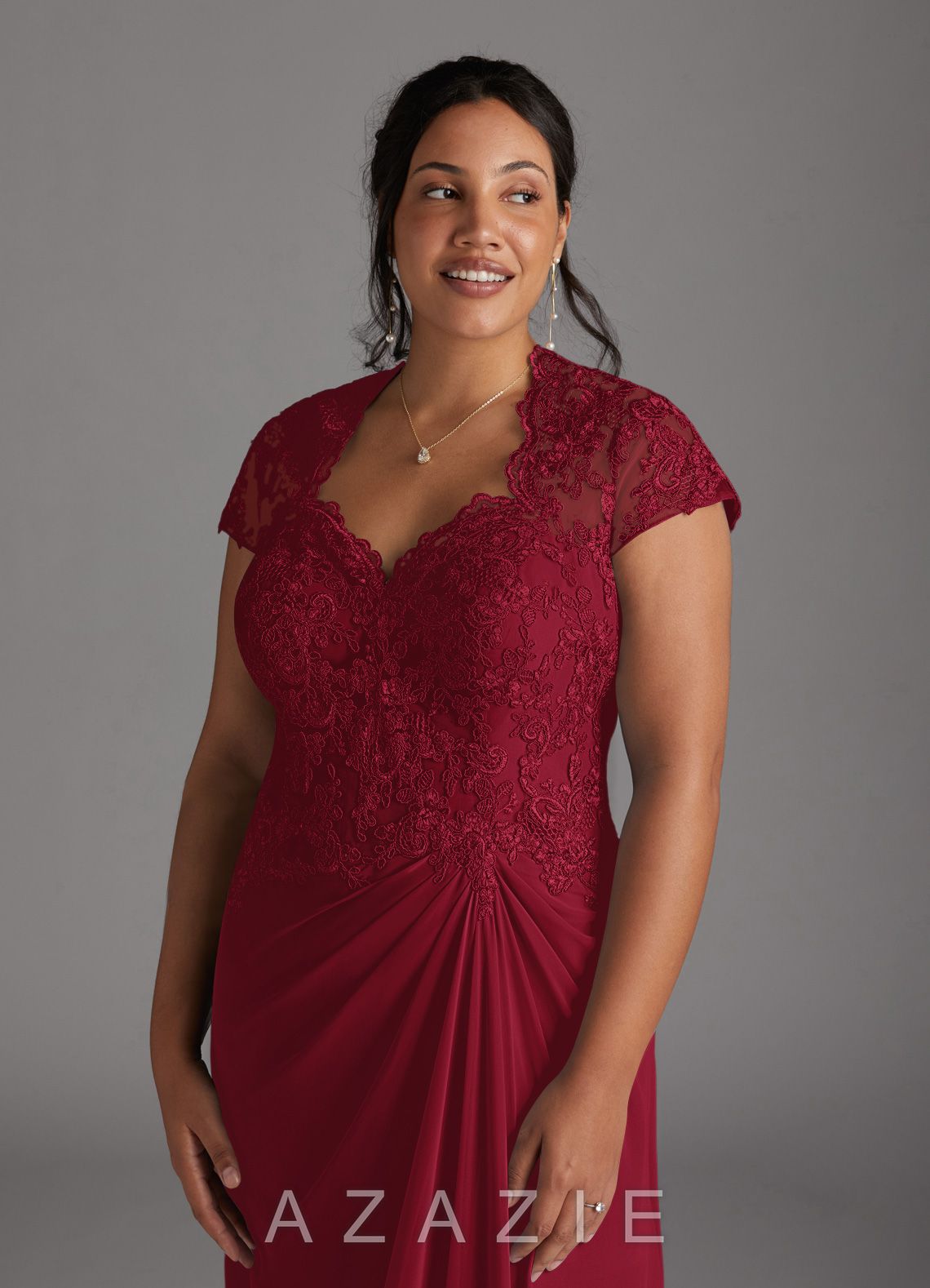 Azazie Junie Burgundy A-Line Lace Chiffon Dress burgundy