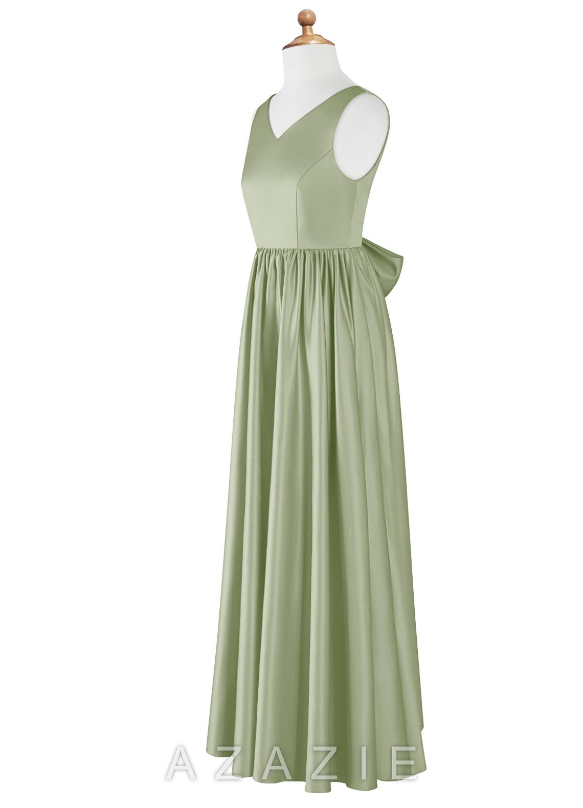 Azazie Hathaway Junior Dusty Sage A-Line Bow Stretch Satin Dress dusty_sage