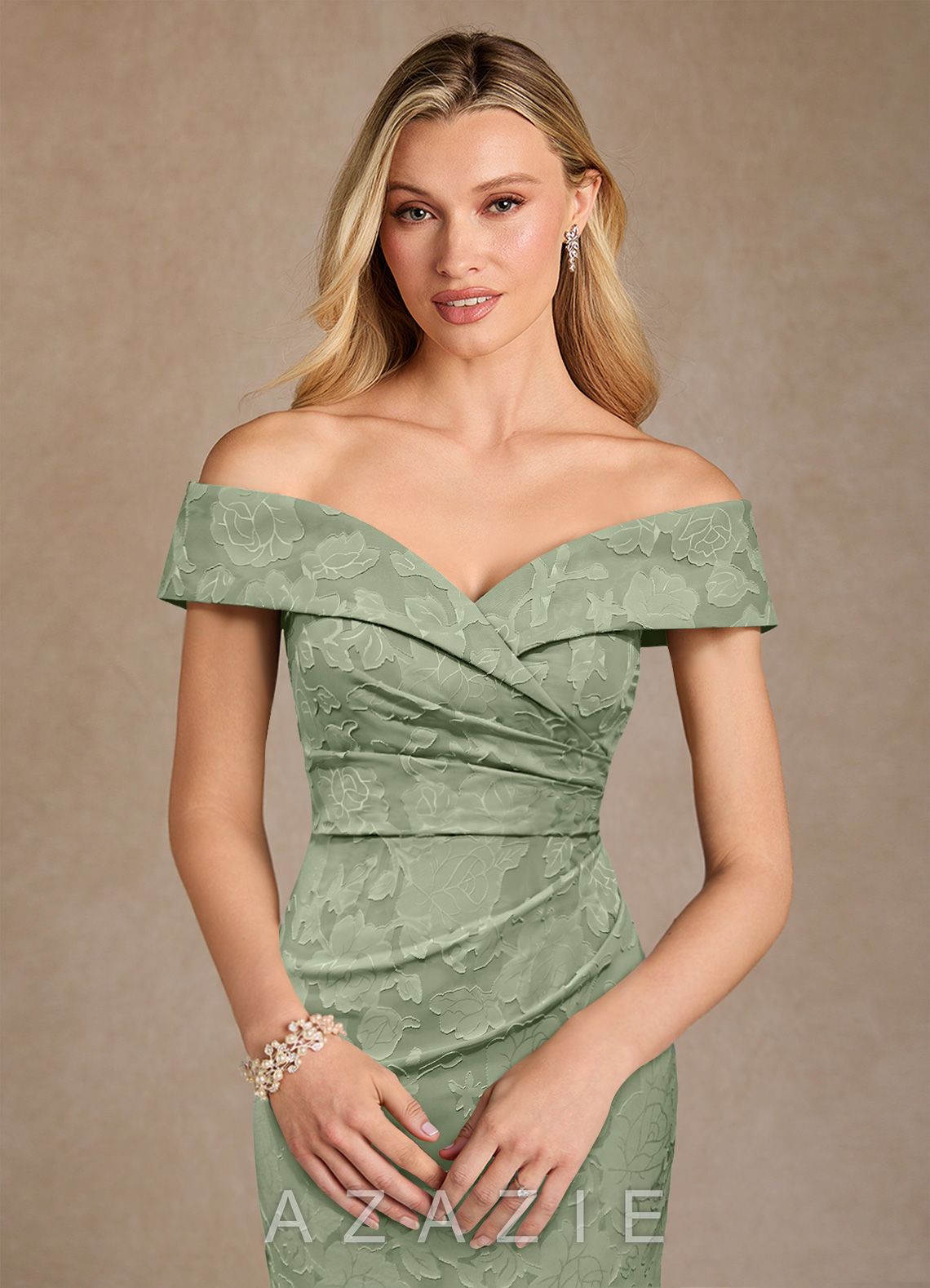 Azazie Canton Dusty Sage Mermaid Off the Shoulder Floral Burnout Dress dusty_sage