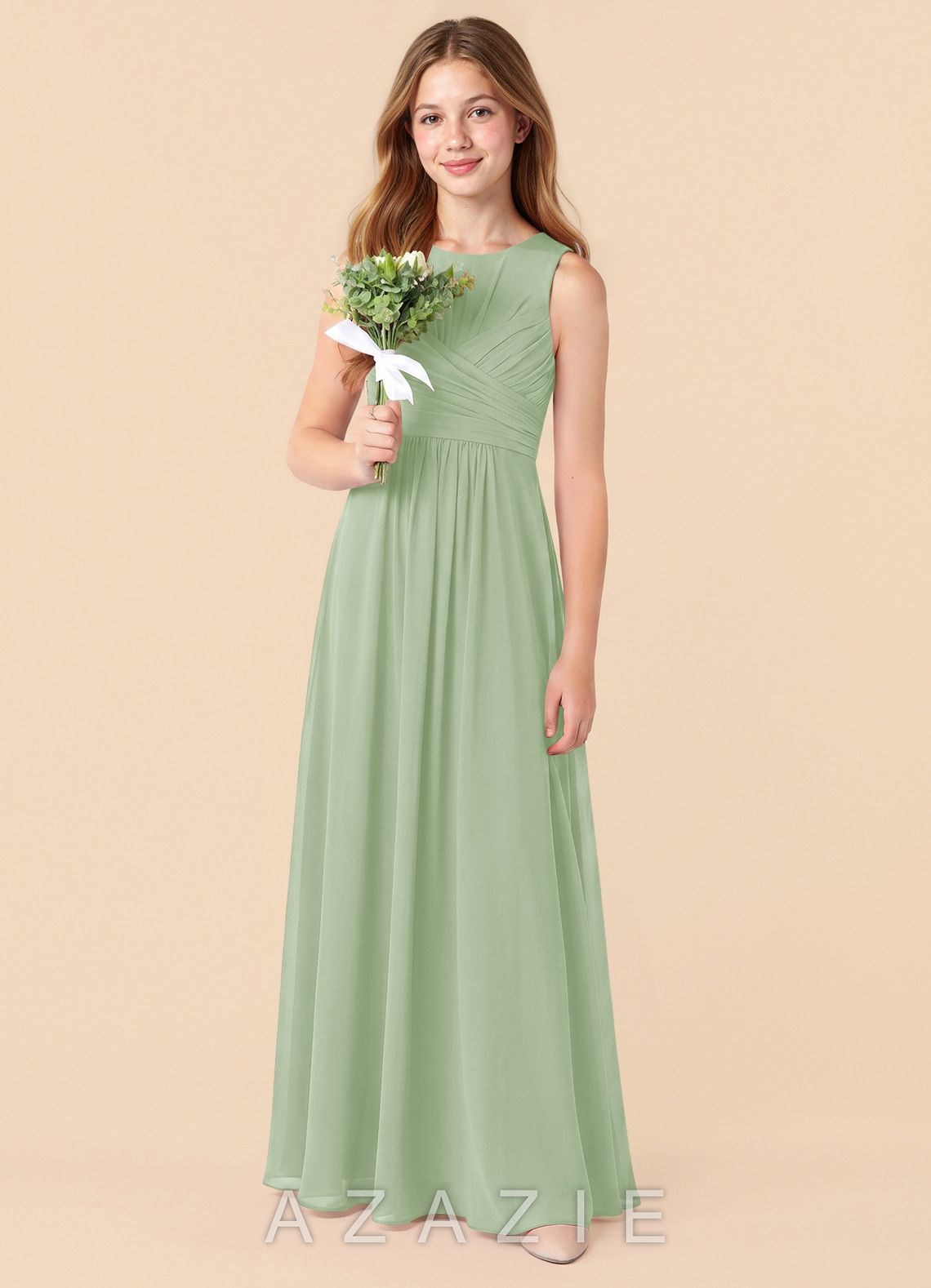 Azazie Skyla Junior Dusty Sage A-Line Pleated Chiffon Dress dusty_sage