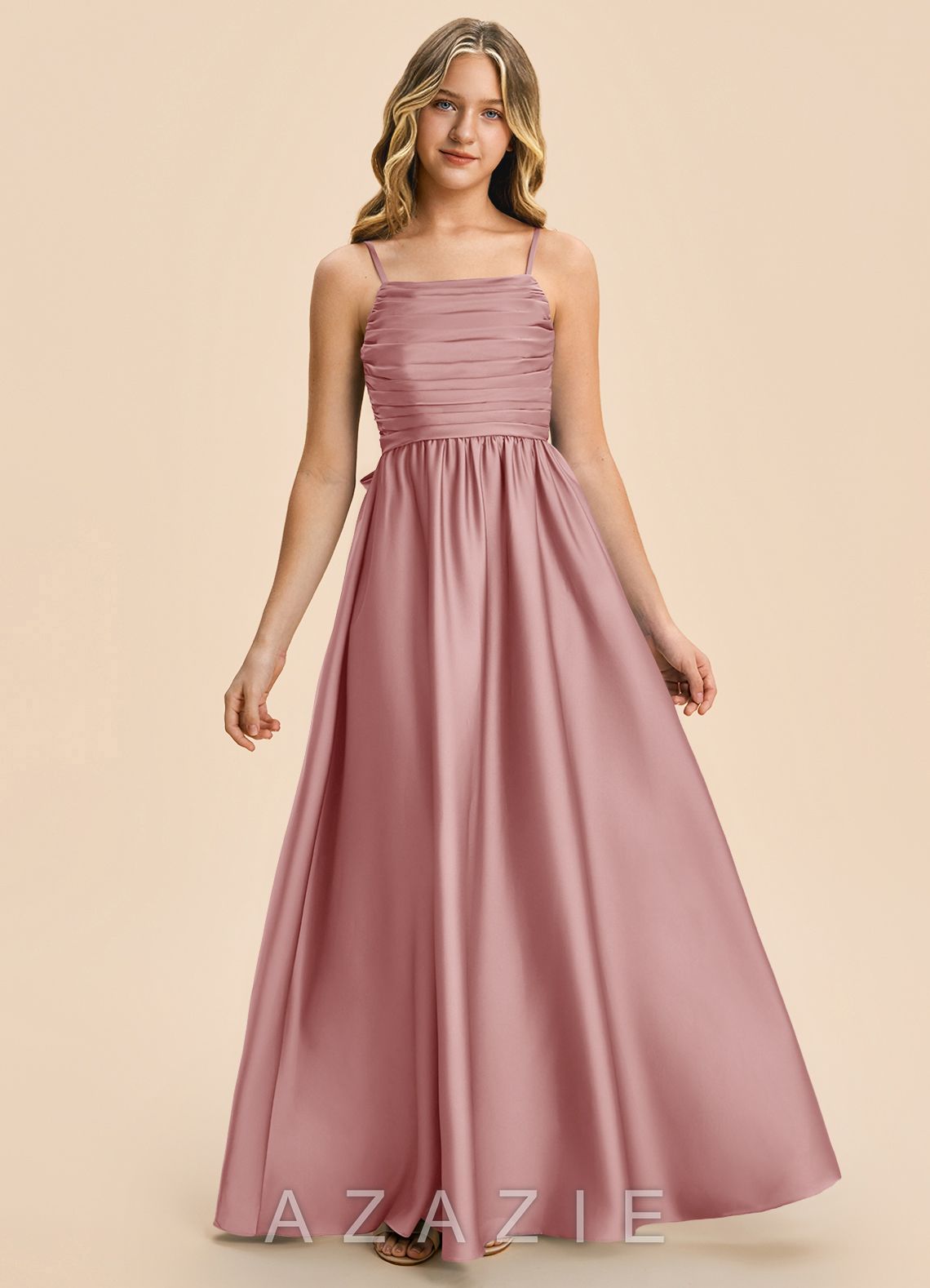 Azazie Kai Junior Dusty Rose A-Line Pleated Stretch Satin Dress dusty_rose
