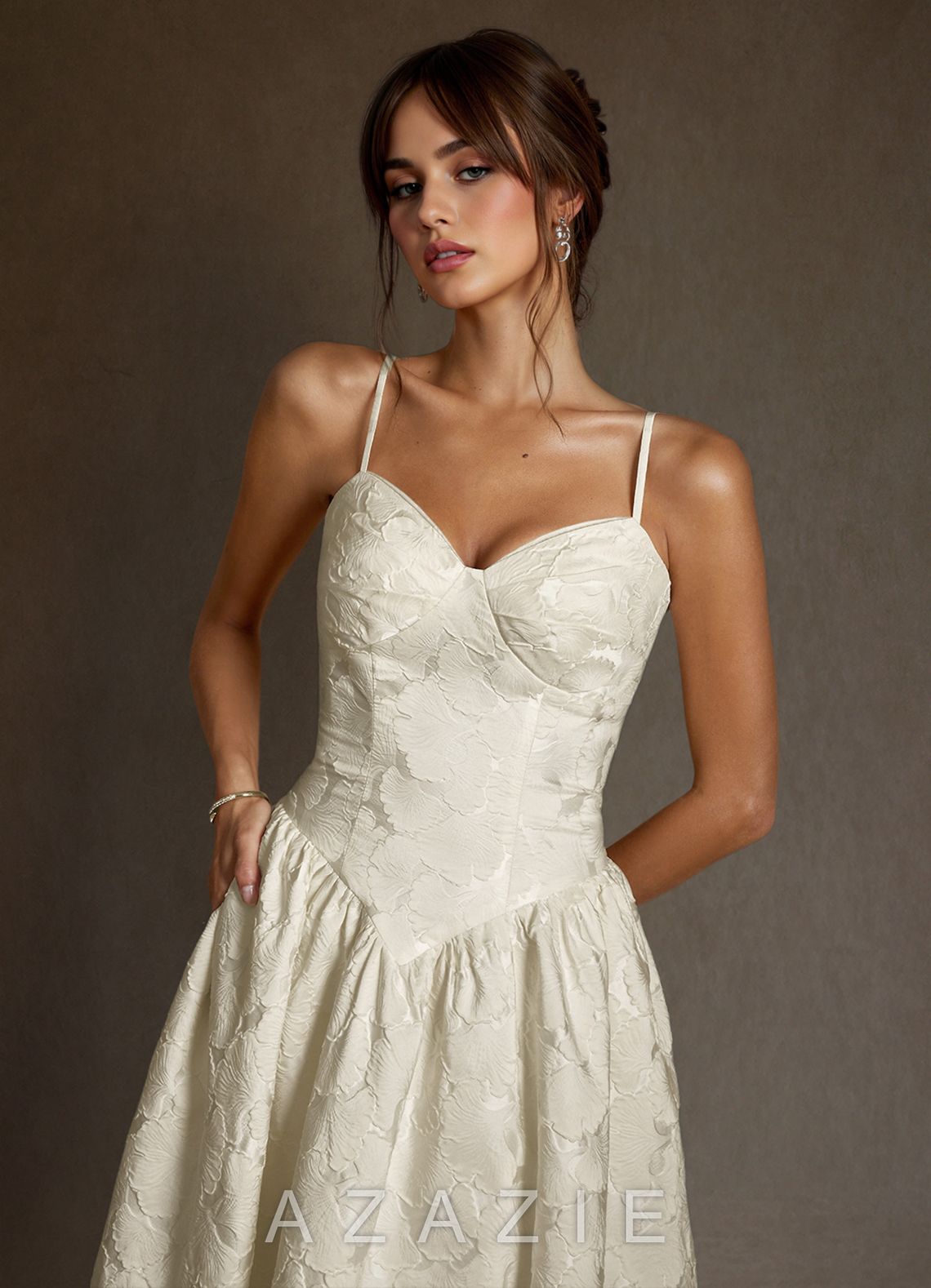 Azazie Devam Cream A-Line Strapless Floral Jacquard Dress cream