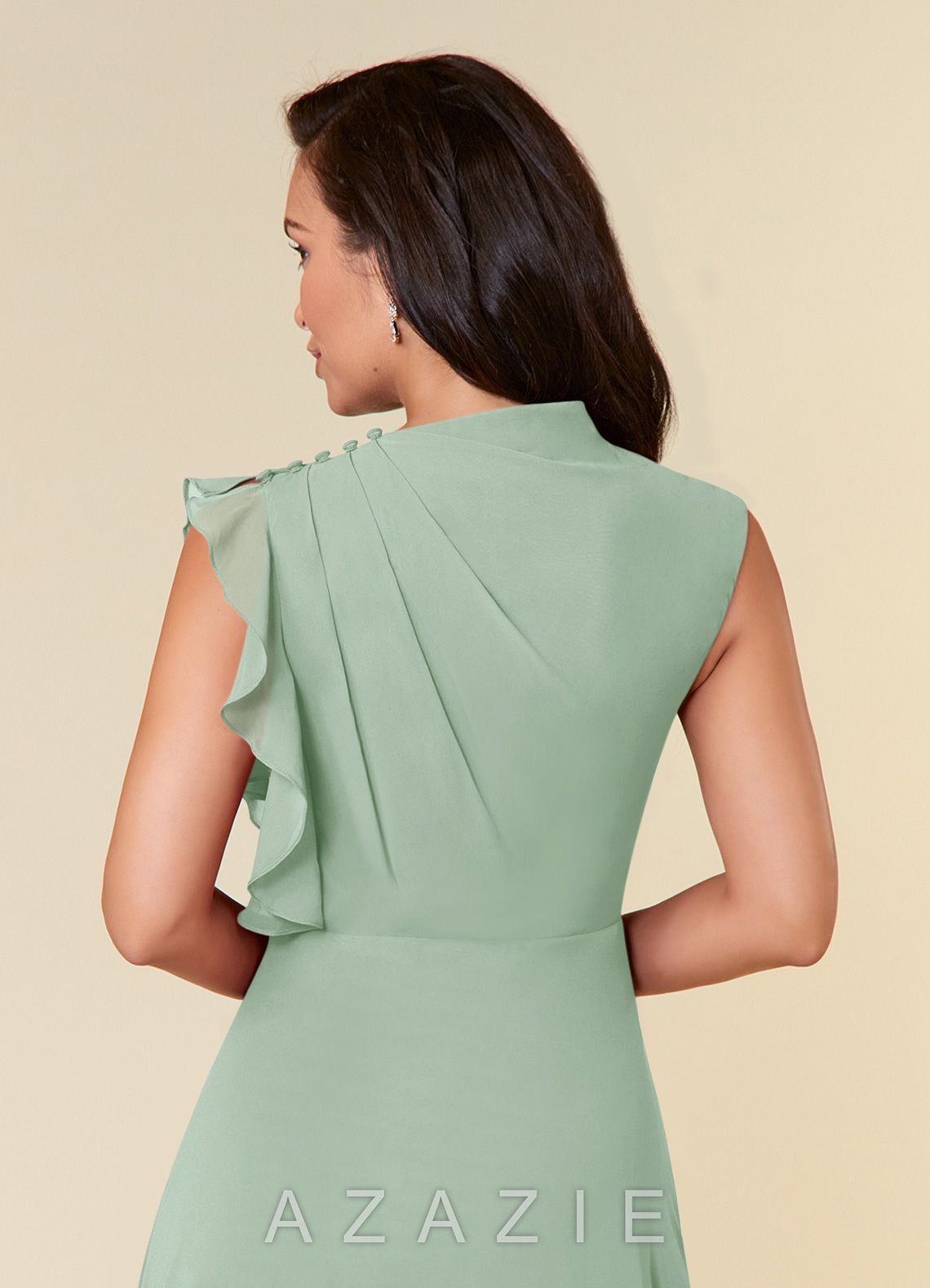 Azazie Narine Agave A-Line High Neckline Pleated Chiffon Dress agave