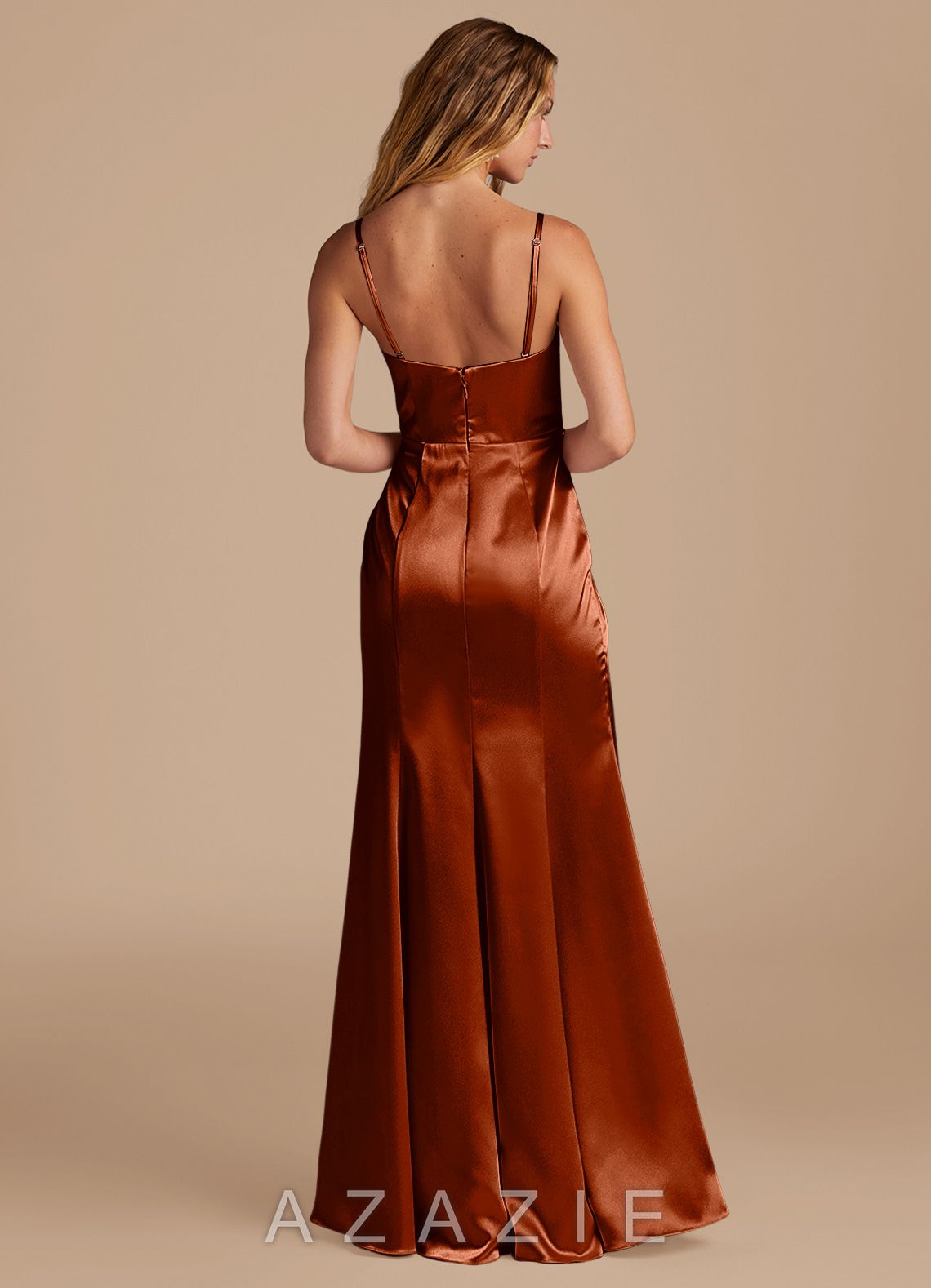 Azazie Marzia Auburn Mermaid Pleated Metallic Satin Dress auburn