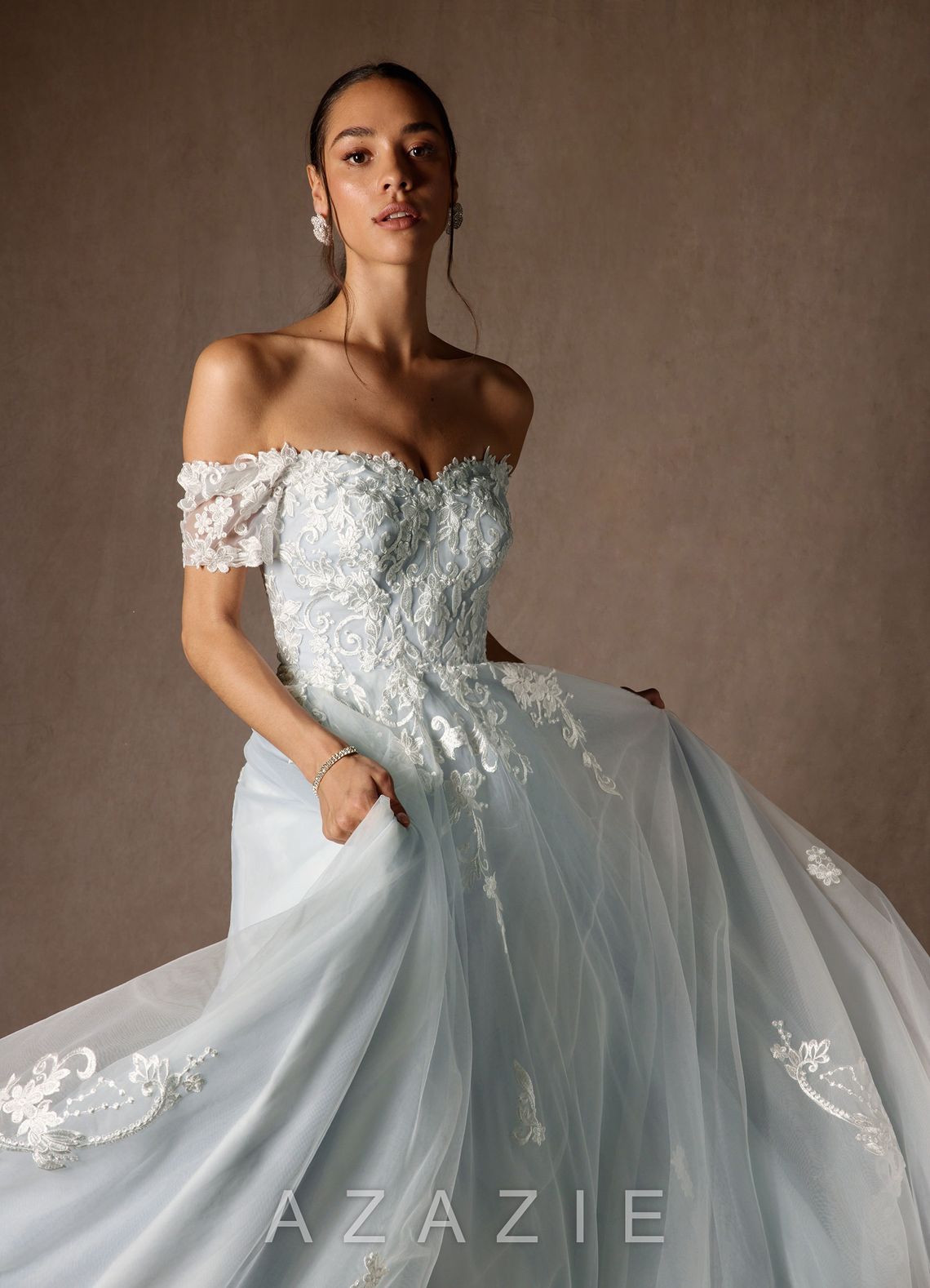 Azazie Rowe Wedding Dress Cloudy Blue Ball-Gown Off the Shoulder Tulle Dress