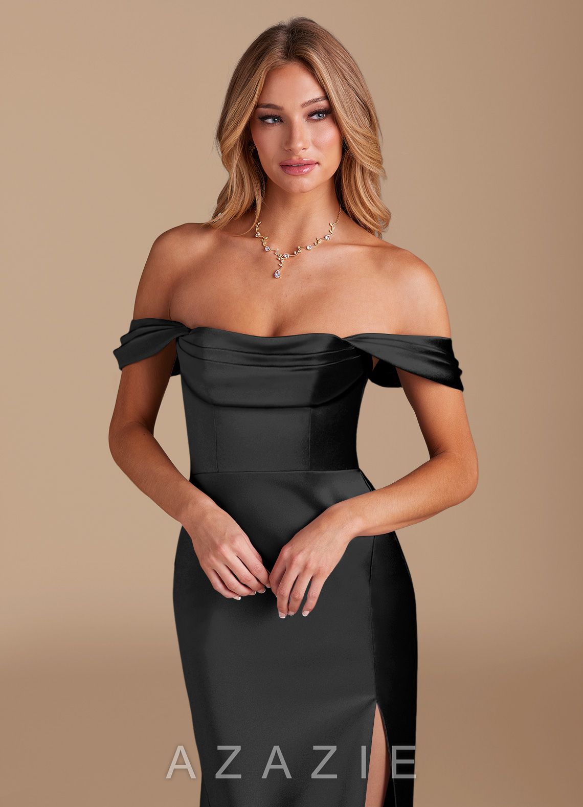 Azazie Saige Black Sheath Off the Shoulder Metallic Satin Convertible Dress black