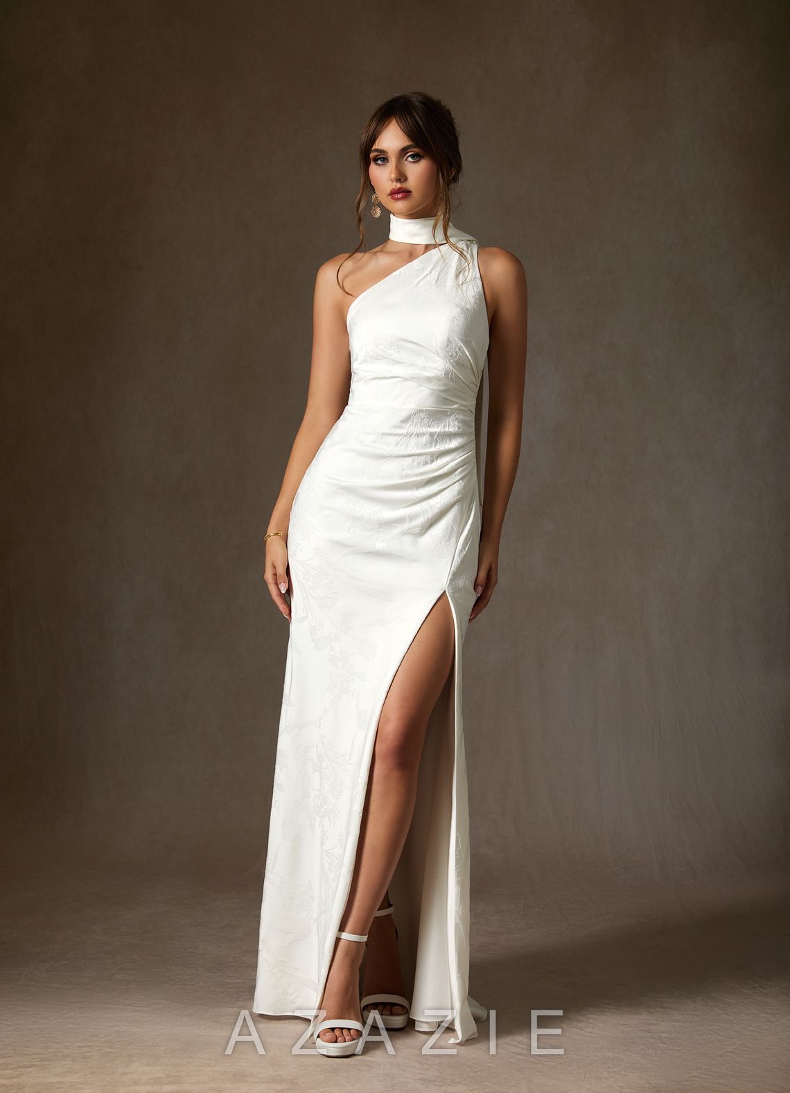 Azazie Misty Diamond White Sheath One Shoulder Floral Jacquard Dress diamond_white