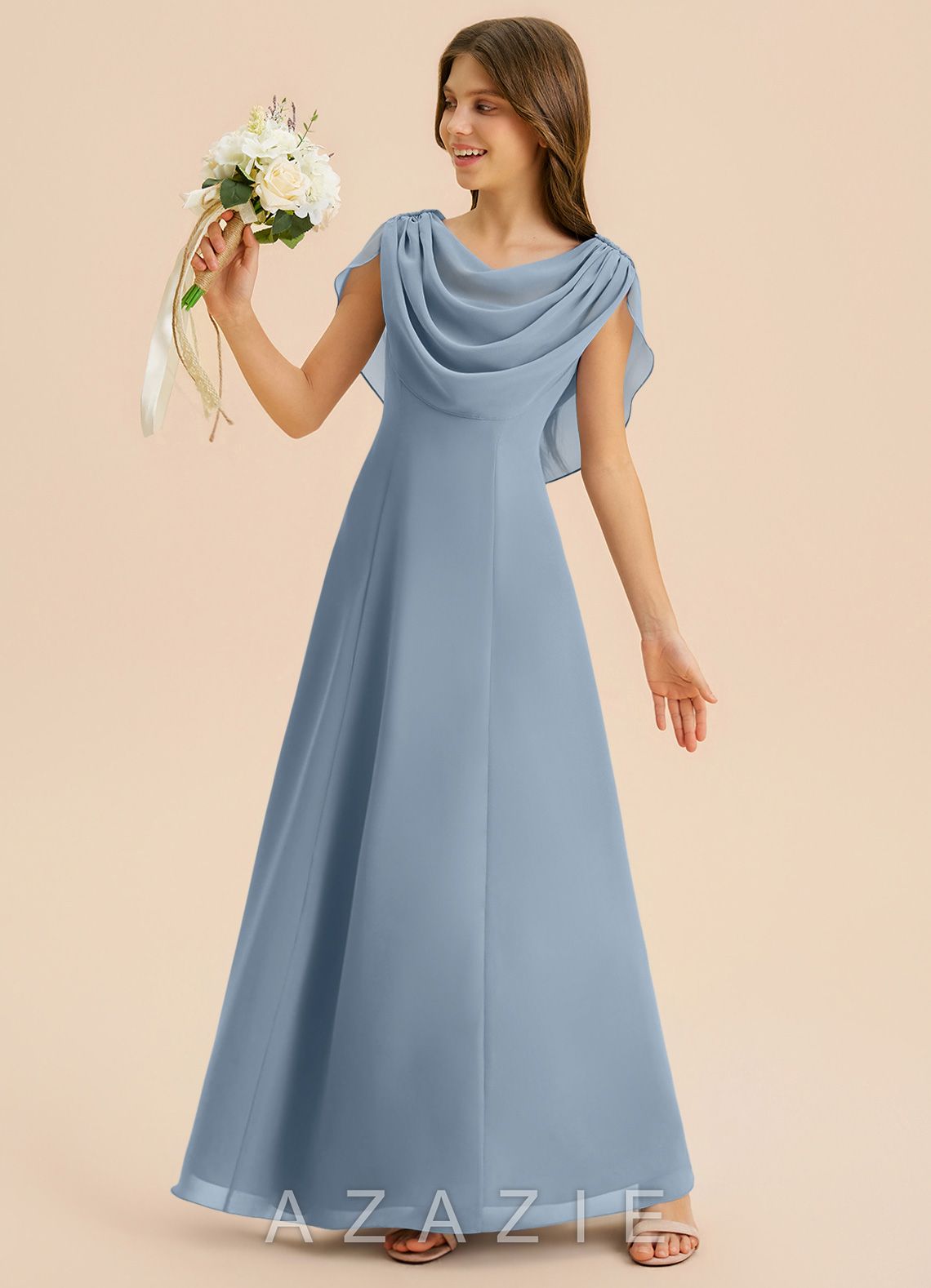 Azazie Lambie Junior Dusty Blue A-Line Pleated Chiffon Dress dusty_blue