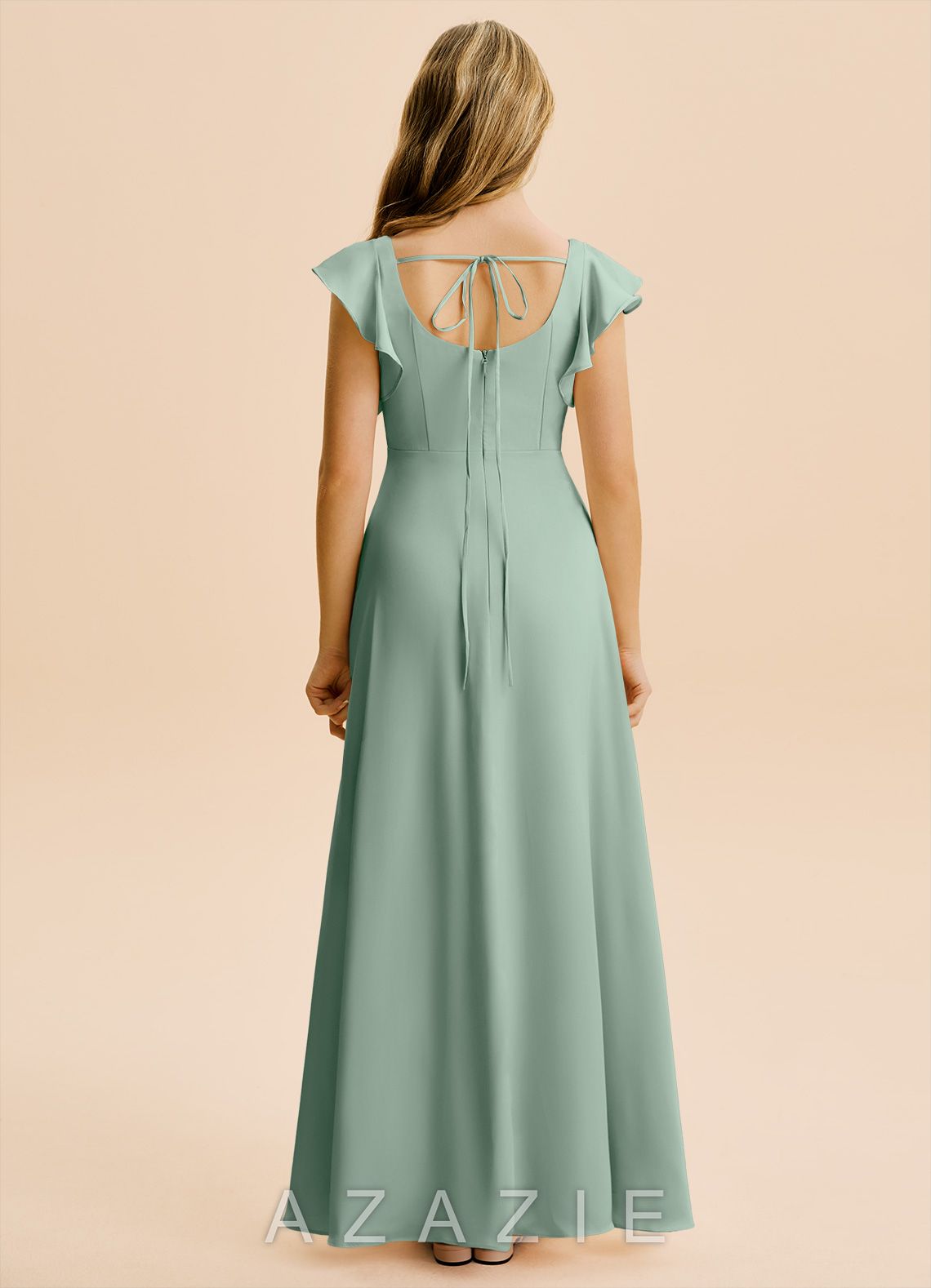 Azazie Bondi Junior Agave A-Line Side Slit Stretch Satin Dress agave