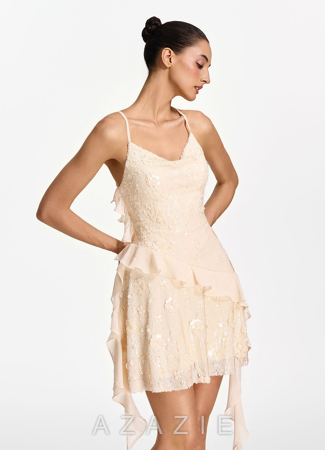 Honorata Champagne Sequin Floral Spaghetti Strap Lace Up Mini Dress