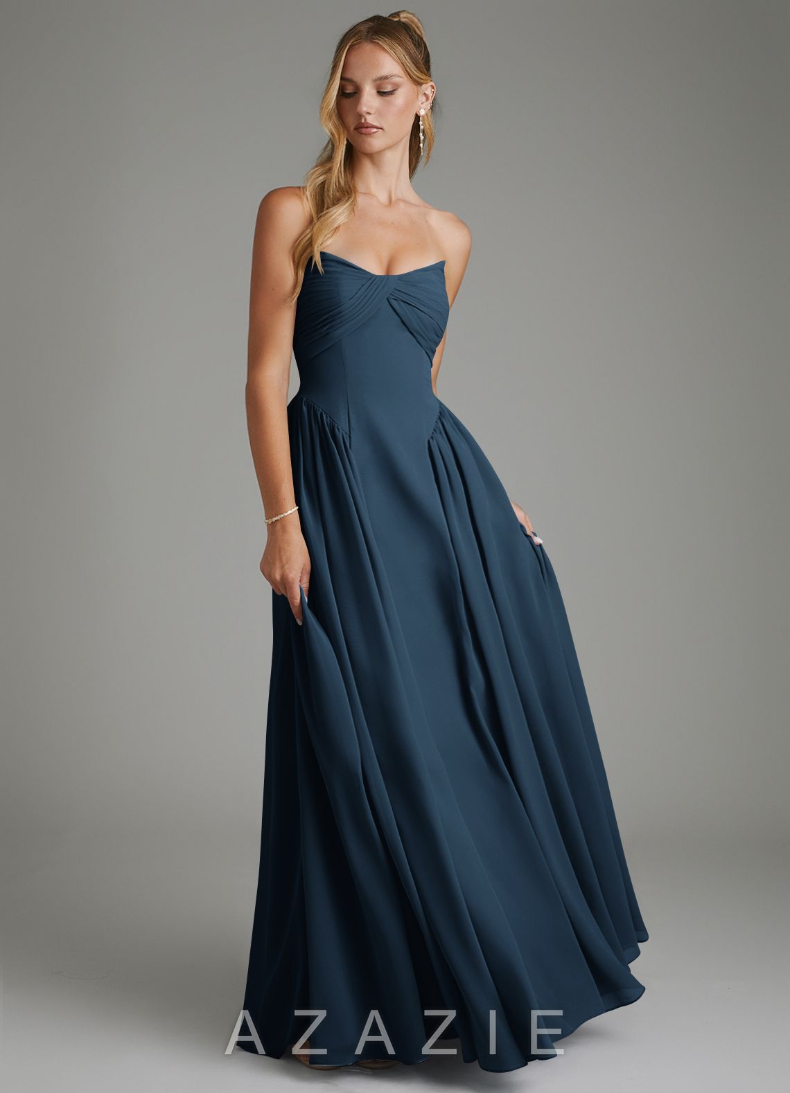 Azazie Evan Dark Navy A-Line Strapless Chiffon Dress dark_navy
