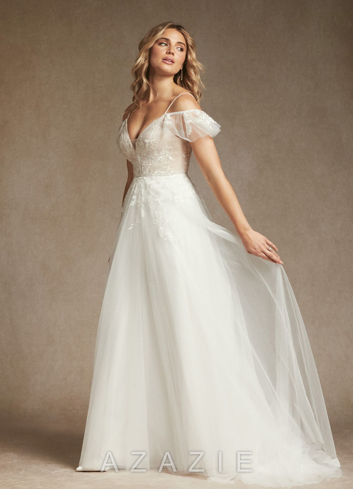 Azazie Iva Wedding Dress Diamond White Champagne A-Line V-Neck Sequins Tulle Dress