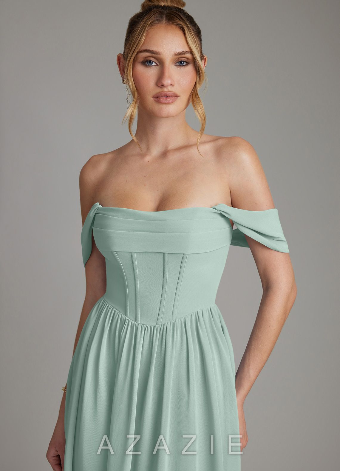 Azazie Caterina Agave A-Line Corset Chiffon Dress agave
