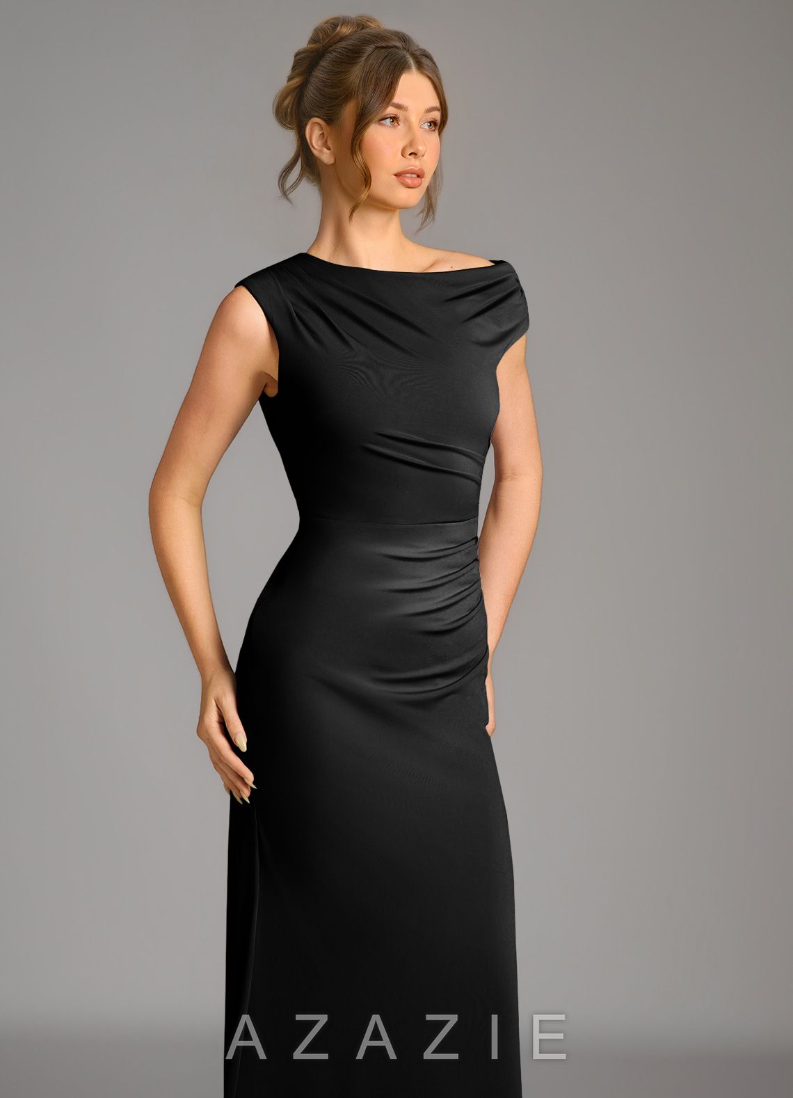 Azazie Nazanin Black Mermaid Off the Shoulder Premium Stretch Jersey Dress black