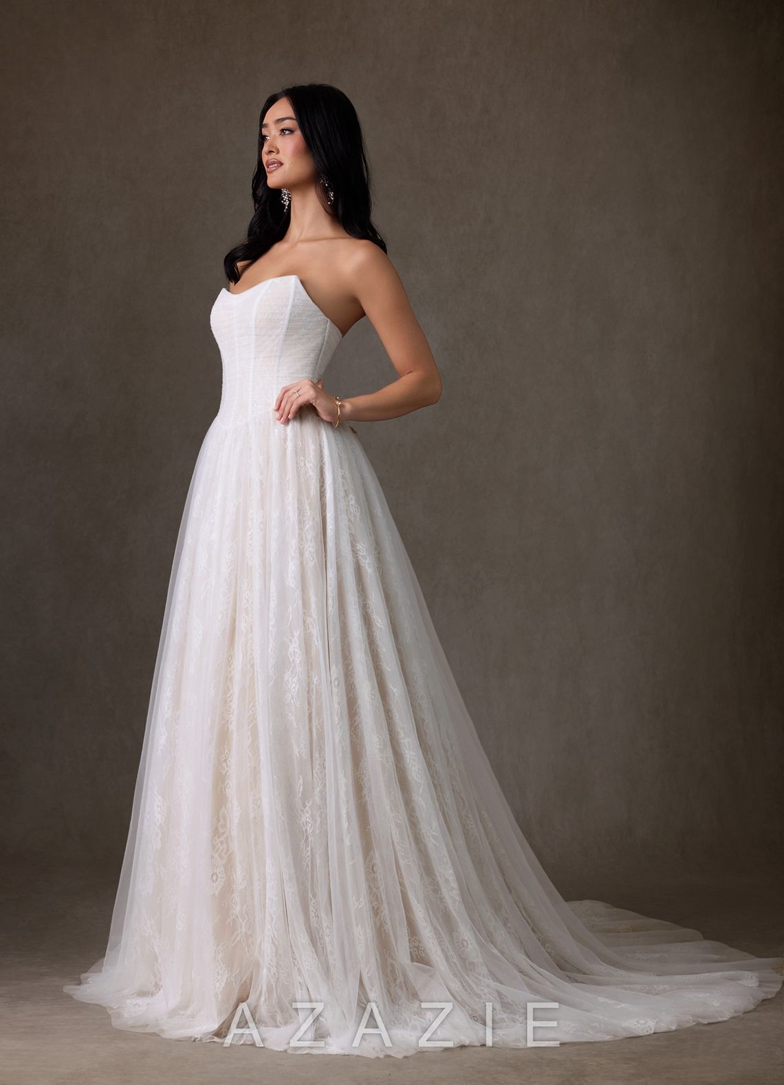 Azazie Adriana Diamond White Champagne A-Line Strapless Lace Dress