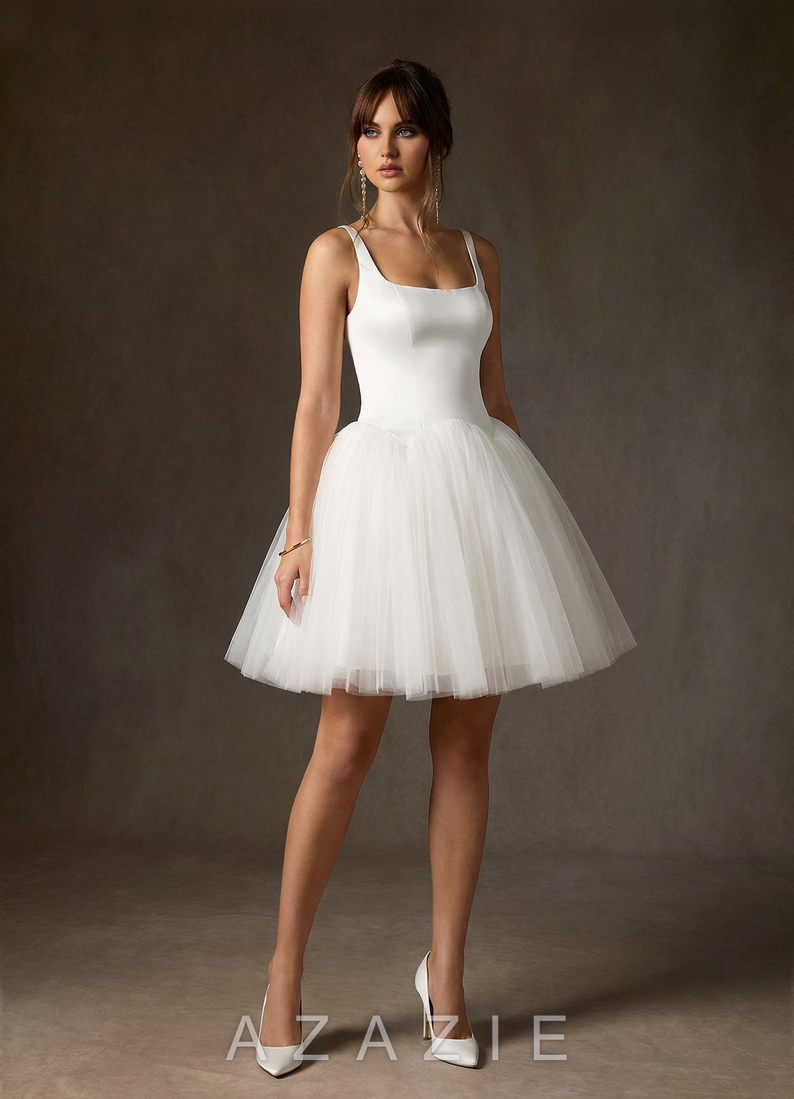 Azazie Annora Diamond White A-Line Square Neckline Tulle Dress