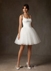 Azazie Annora Diamond White A-Line Square Neckline Tulle Dress