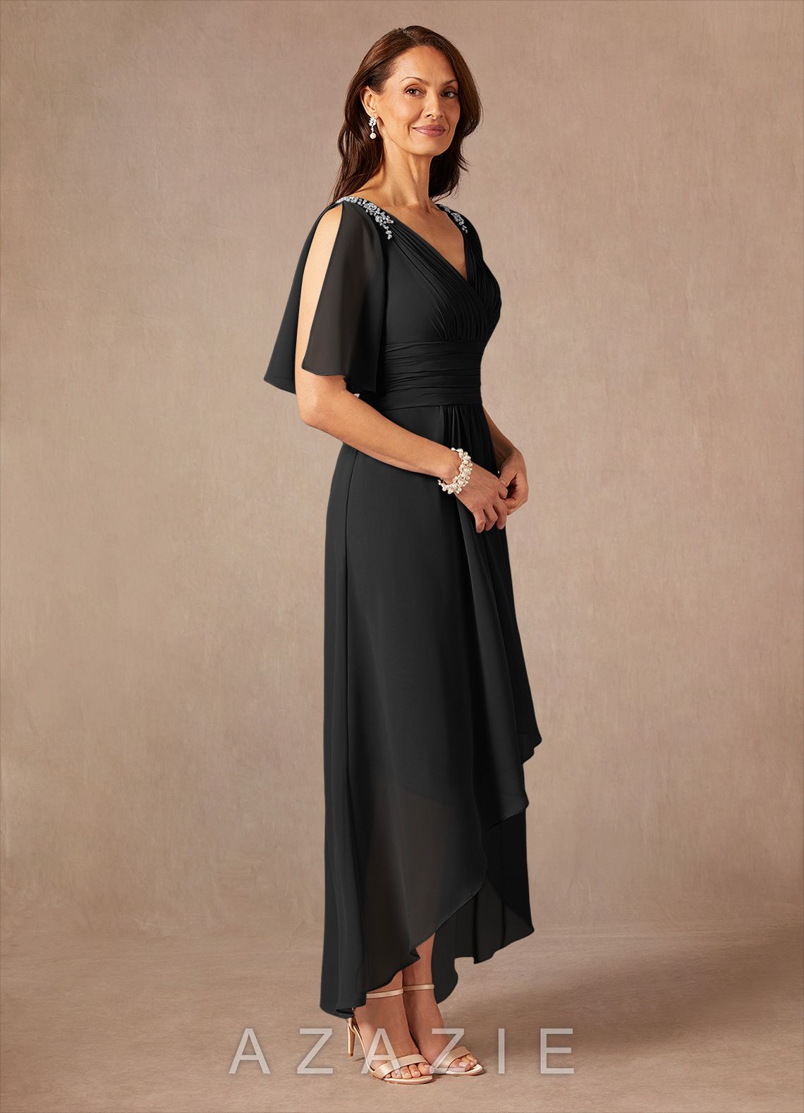 Azazie Pascual Black A-Line Pleated Chiffon Dress black