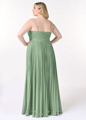 Azazie Vini Matcha A-Line V-Neck Pleated Chiffon Dress matcha
