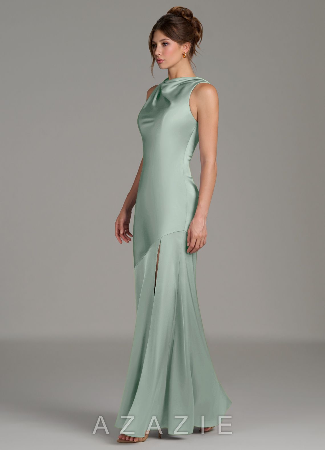 Azazie Kiara Agave Mermaid Pleated Stretch Satin Dress agave