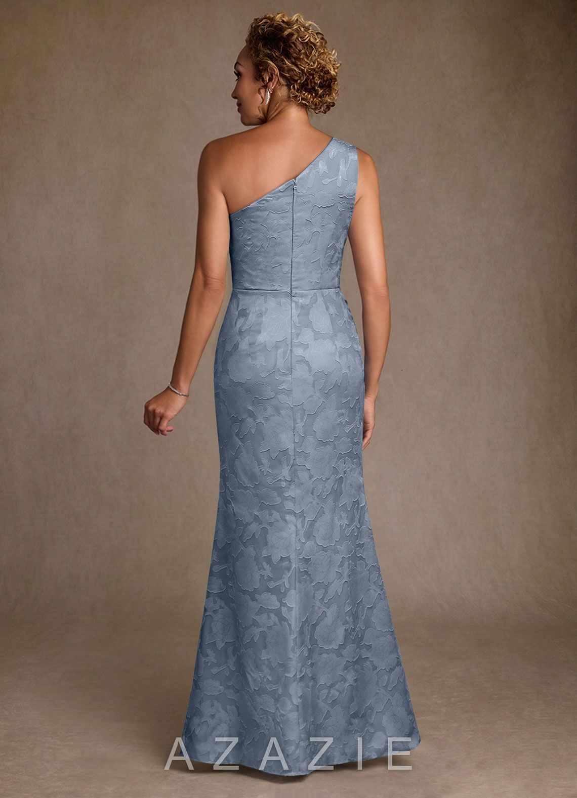 Azazie Joylin Dusty Blue Trumpet One Shoulder Floral Burnout Dress dusty_blue