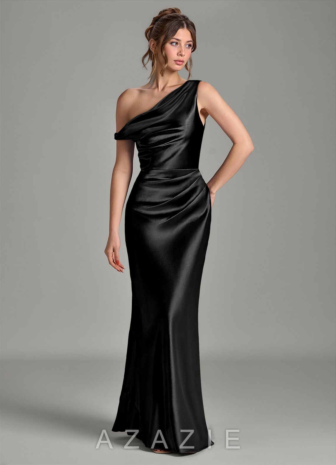 Azazie Emerson Black Mermaid Off the Shoulder Metallic Satin Dress black