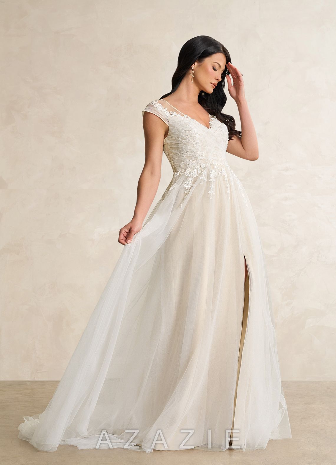 Azazie Bellisima Wedding Dress Diamond White Champagne A-Line V-Neck Tulle Dress diamond_white/champagne