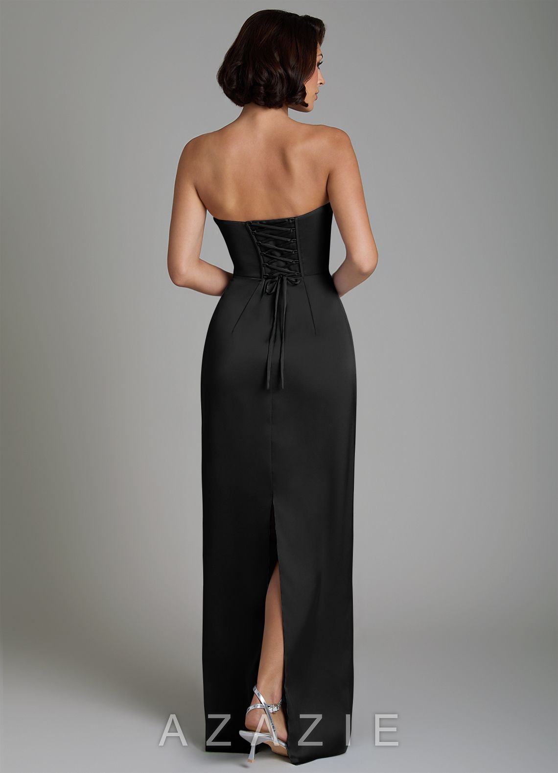 Azazie Fallyn Black Sheath Corset Stretch Satin Dress black