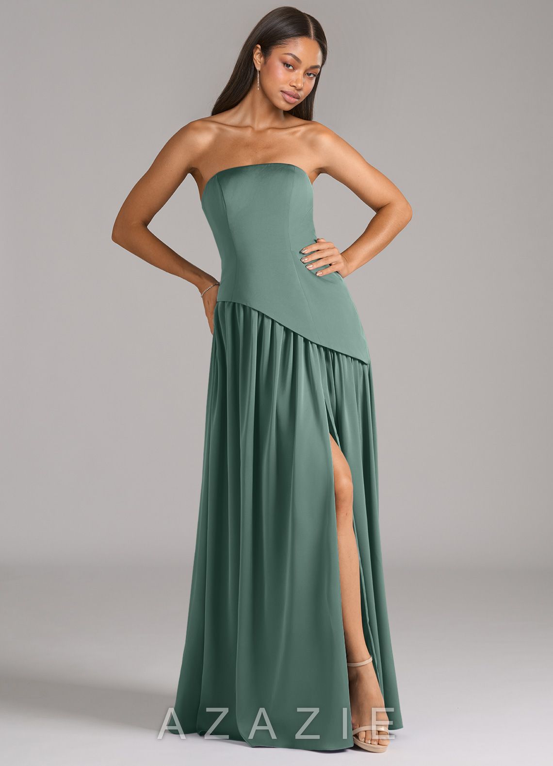 Azazie Adeline Eucalyptus A-Line Strapless Stretch Satin Convertible Dress eucalyptus