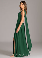 Azazie Tella Dark Green A-Line One Shoulder Chiffon Dress dark_green