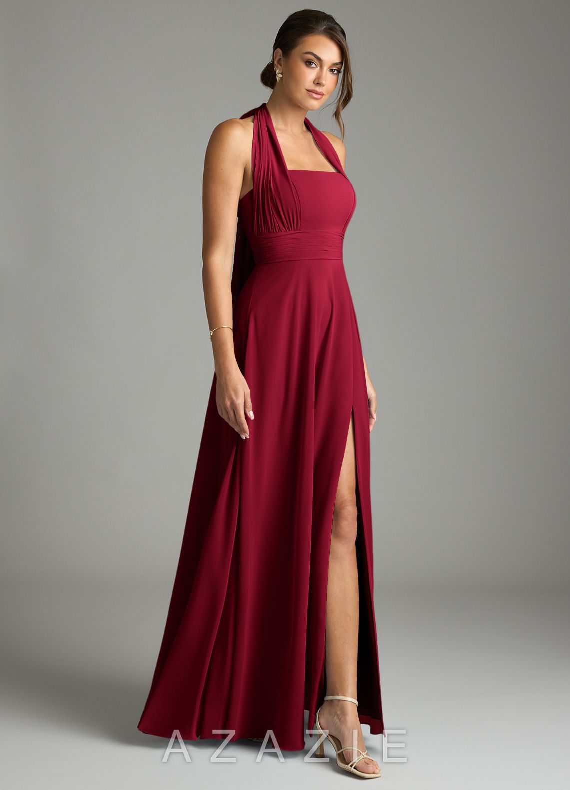 Azazie Tamira Burgundy A-Line Pleated Chiffon Convertible Dress burgundy