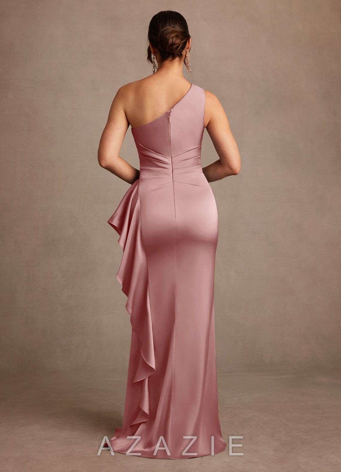 Azazie Yvette Dusty Rose Sheath One Shoulder Stretch Satin Dress dusty_rose