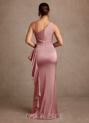 Azazie Yvette Dusty Rose Sheath One Shoulder Stretch Satin Dress dusty_rose